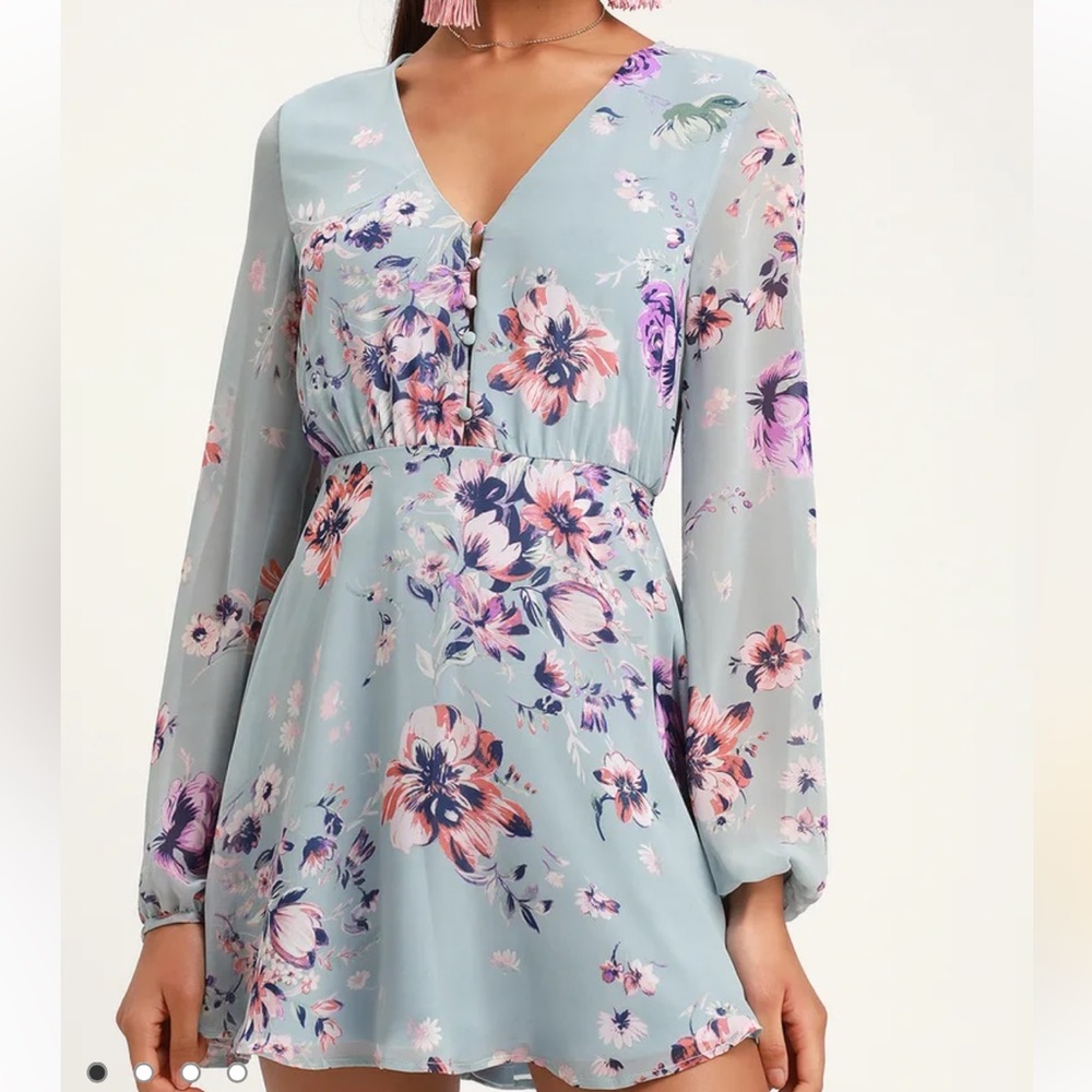 Light Blue Floral Print Long Sleeve Skater Dress